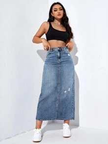 SHEIN EZwear 女款休閒百搭牛仔裙，附口袋、鈕扣與破洞設計 - 中等水洗藍 - 查看 3