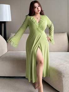 Dazy Plus Jubah Wanita Ukuran Besar Elegan Berwarna Ungu dengan Kerah Berenda dan Lipatan Panjang, Cocok untuk Musim Semi, Musim Panas, dan Musim Gugur. - Mint Green - View 3