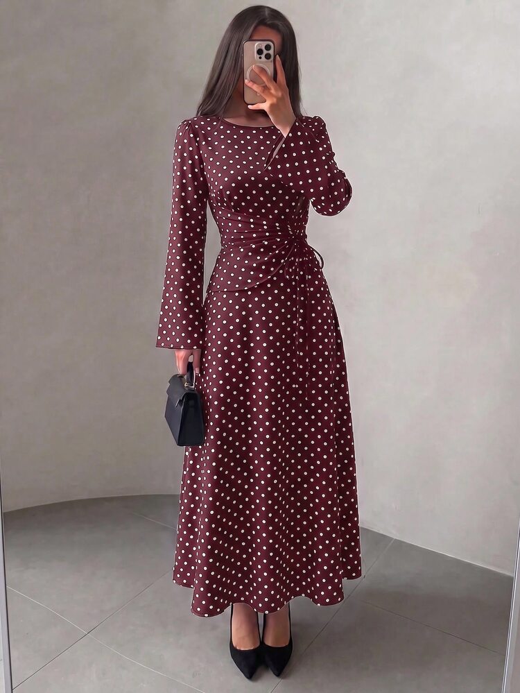 Modelyn Spring/Autumn French Style Commuter Elegant Polka Dot Cinched Cinched Waist Pleated Drawstring Flare Sleeve Long Dress For Women - Burgundy - View 4