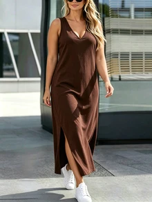 Silhoulove Plus Size Women Solid Color Casual Daily Summer Dress - Coffee Brown - View 2