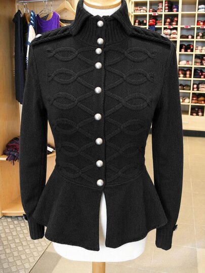 SHEIN Franclia Women's Black Elegant Commuter Palace Vintage Style Shoulder Epaulettes Stand Collar Pearl Button Twisted Rope Textured Waist-Cinched Ruffle Hem Slim Fit Knit Cardigan, Women's Winter Coat, Outing Top, Women's Commuter Outfit, Streetwear