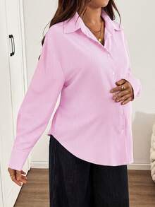 SHEIN Maternity Versatile Striped Single-Breasted Long Sleeve Shirt Fall - Pink - View 6