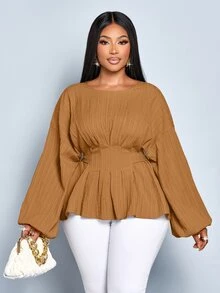 SOLERSUN Women's Plus Size Fashion Solid Color Loose Casual Outing Deep Pleated Bat Sleeve Long Sleeved Shirt Loose Casual Shirt Tops,Crop Tie Back Blouse Women's Solid Color Round Neck Belted Long Sleeve Blouse Autumn/Winter Women Clothes - Khaki - View 6