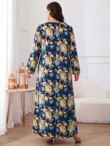 Al Najma 大尺碼女款 V 領花卉印花休閒派對阿拉伯風洋裝 - 藏蓝色 - 查看 2