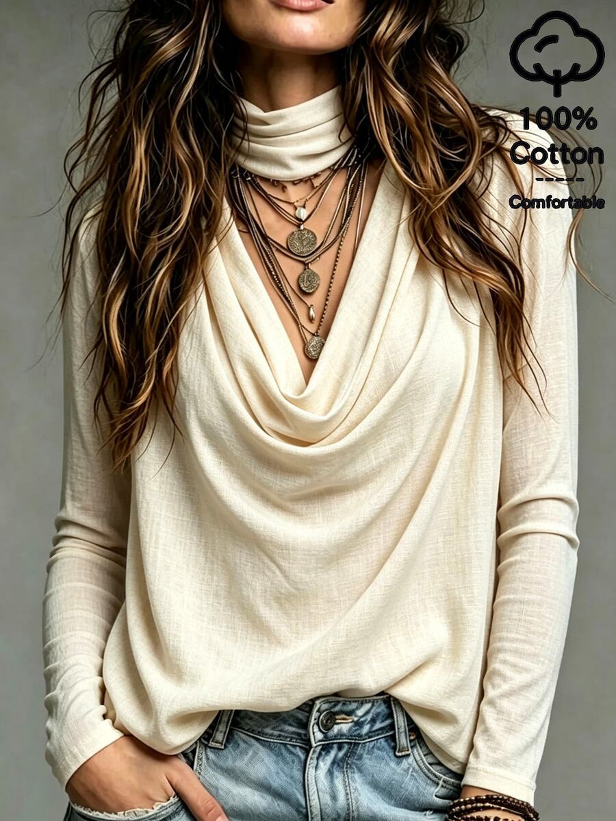 SHEIN Soft Beige-Apricot Micro-Crinkled Textured Knit Fabric Layered High Neck With Large Natural Draped Pleats V-Neck Structure Standard Shoulder Straight Long Sleeve Flat Hem Exquisite Niche Design Long Sleeve Inner Top - Apricot - View 1