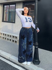 SHEIN ICON 大尺碼女款拼接休閒百搭日常牛仔褲 - 深色水洗藍 - 查看 4