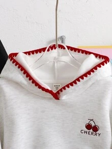SHEIN 青少年女孩秋/冬可愛休閒櫻桃對比色荷葉邊刺繡保暖內裡長袖連帽衛衣，休閒校園Ins風長袖衛衣 - 灰色 - 查看 4