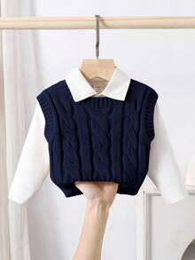 SHEIN 女童純色休閒百搭日常針織上衣 - 藏蓝色 - 查看 3