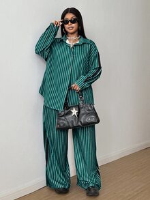 Maweii 秋冬條紋通勤簡約襯衫 寬鬆休閒印花大尺碼長褲 女款兩件套 - 墨綠色 - 查看 2