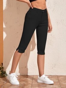SHEIN Frenchy 女款休閒百搭牛仔緊身七分褲 - 黑色 - 查看 6