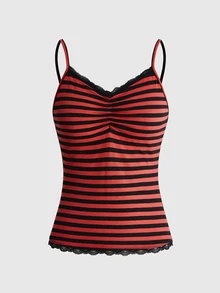 ROMWE Women's Lace Trim Striped Casual Versatile Daily Wear Camisole - Red - View 1