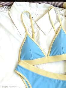 Costavie 女款夏季海灘拼色細肩帶性感比基尼三角褲兩件式泳衣套裝 - 淺藍色 - 查看 3