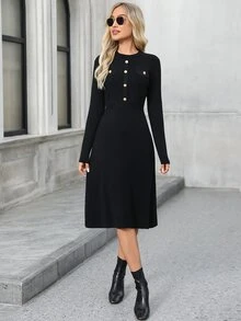 EMERY ROSE Fitted Casual Elegant Commute Knit Dress - Black - View 5