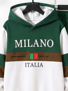 Tween Boy Casual Minimalist Long Sleeve Hooded Comfortable Sweatshirt 2 Pieces Set, Suitable For Autumn/Winter, Classic Retro Casual Color Block Pattern Print, Classic Urban Milan Text Pattern Print, Suitable For Autumn/Winter, Suitable For Back To School Season - Multicolor - View 4