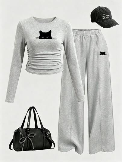 (1 Set) Autumn/Winter Girls' Casual Fashion Cat Pattern Waist Gathered Long Sleeve T-Shirt And Straight Leg Pants