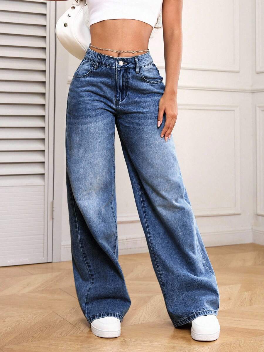 SHEIN PETITE Women's Casual Versatile Daily Travel Denim Jeans With Pockets And Buttons