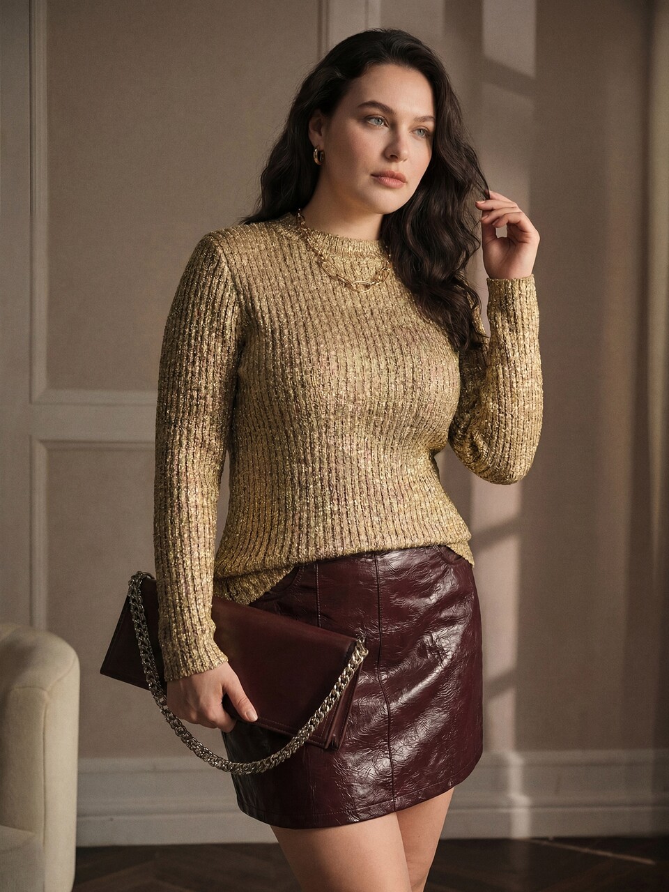 MOTF PLUS SIZE WOMEN'S AUTUMN/WINTER GOLD FOIL PULLOVER SWEATER