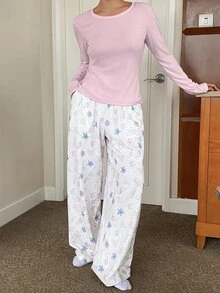 DAZY 青少年女孩秋季服飾 寬鬆舒適春秋居家休閒套裝 V領T恤與格紋直筒長褲 - 淺粉色 - 查看 3