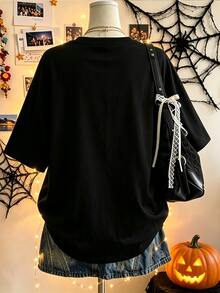Lalippa Halloween Pattern Print Fashion Minimalist Oversized Mid-Length Round Neck Drop Shoulder Women's T-Shirt Friend's Gift - Black - View 2