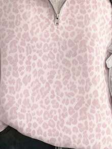 SHEIN EZwear 經典粉色豹紋半拉鍊女款運動衫，棕色調，秋季休閒街頭風，適合多種場合，Y2K復古風格，返校季秋冬上衣 - 彩色 - 查看 5