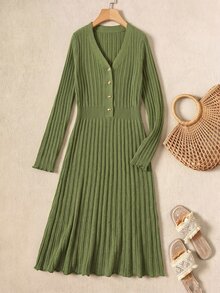 Rusticease Women's Vintage Button Half-Placket Long Sleeve Sweater Dress - Army Green - View 1