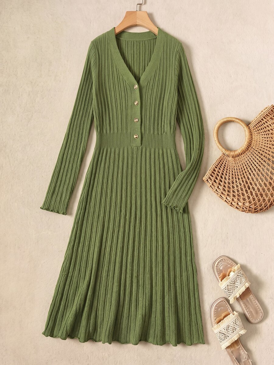 Rusticease Women's Vintage Button Half-Placket Long Sleeve Sweater Dress - Army Green - View 1