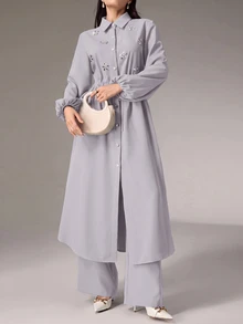 Modelyn 女款水鑽裝飾長袖上衣與長褲休閒日常兩件套 - 淺灰色 - 查看 5