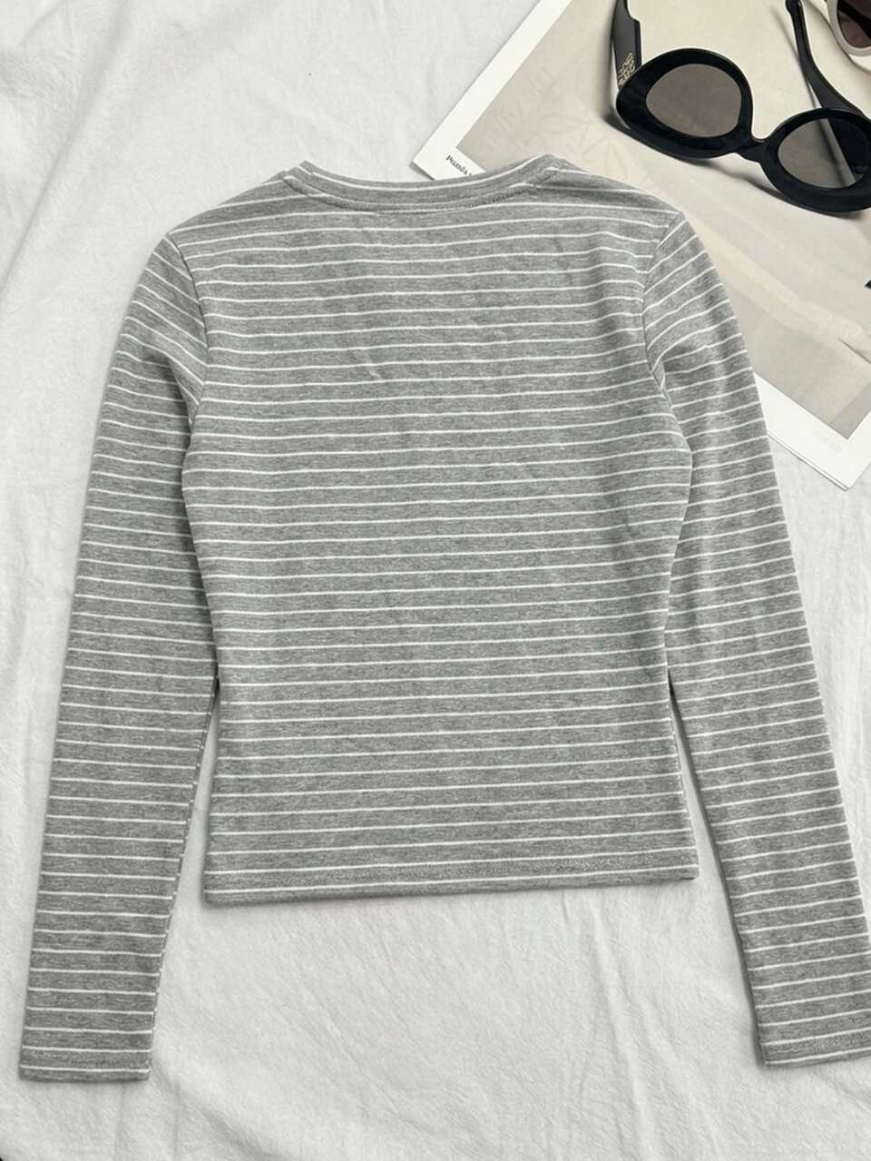 Round Neck Pullover Casual Short Sleeve Striped T-Shirt For Teen Girls Fall
