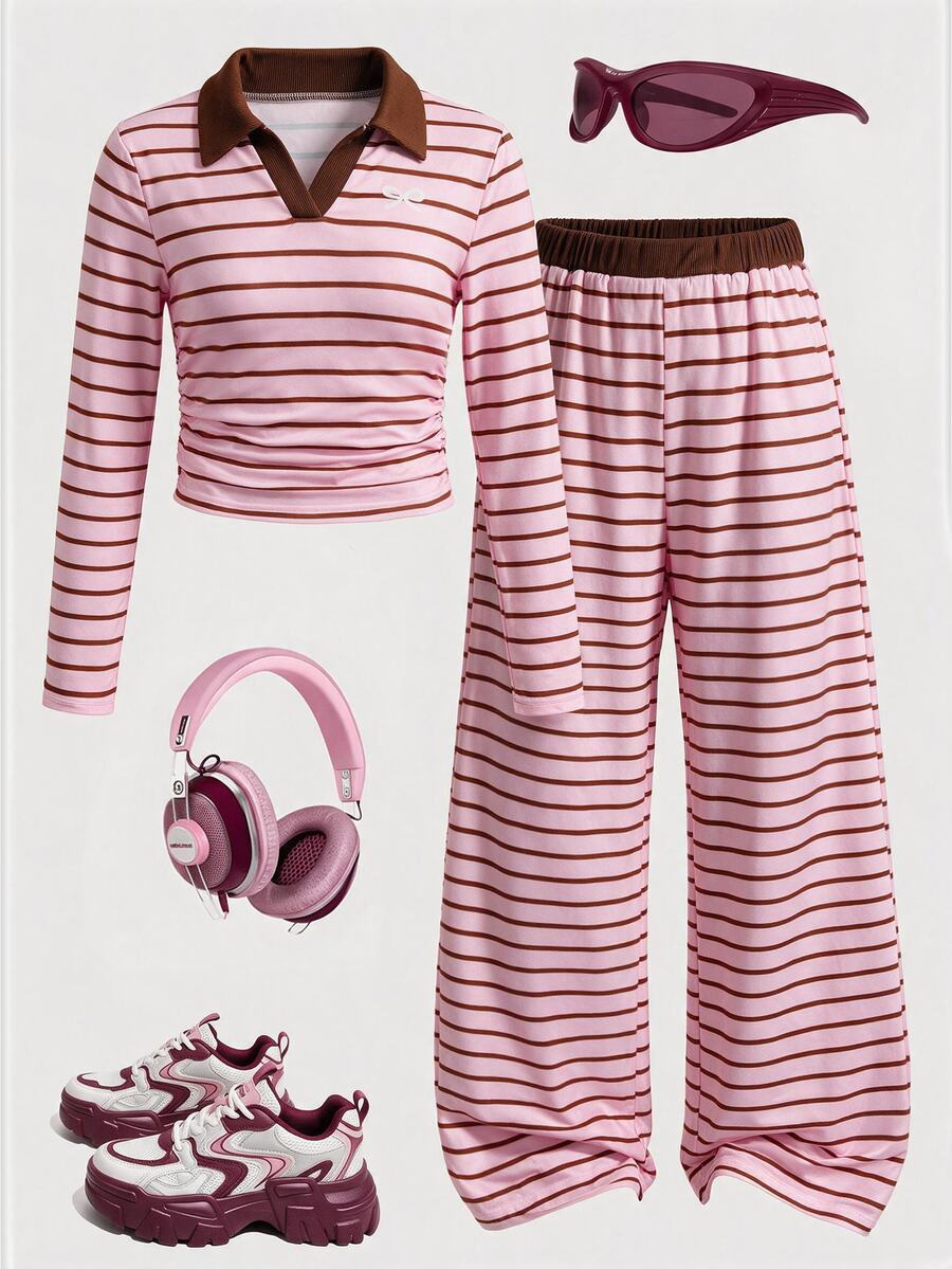 SHEIN 少女秋季穿搭 Coquette 風粉色條紋 2 件套 對比棕色領修身 Polo 上衣與寬鬆寬腿長褲 可愛蝴蝶結圖案 秋季校園穿搭 - 粉色 - 查看 1