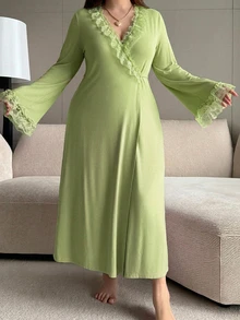 Dazy Plus Jubah Wanita Ukuran Besar Elegan Berwarna Ungu dengan Kerah Berenda dan Lipatan Panjang, Cocok untuk Musim Semi, Musim Panas, dan Musim Gugur. - Mint Green - View 4