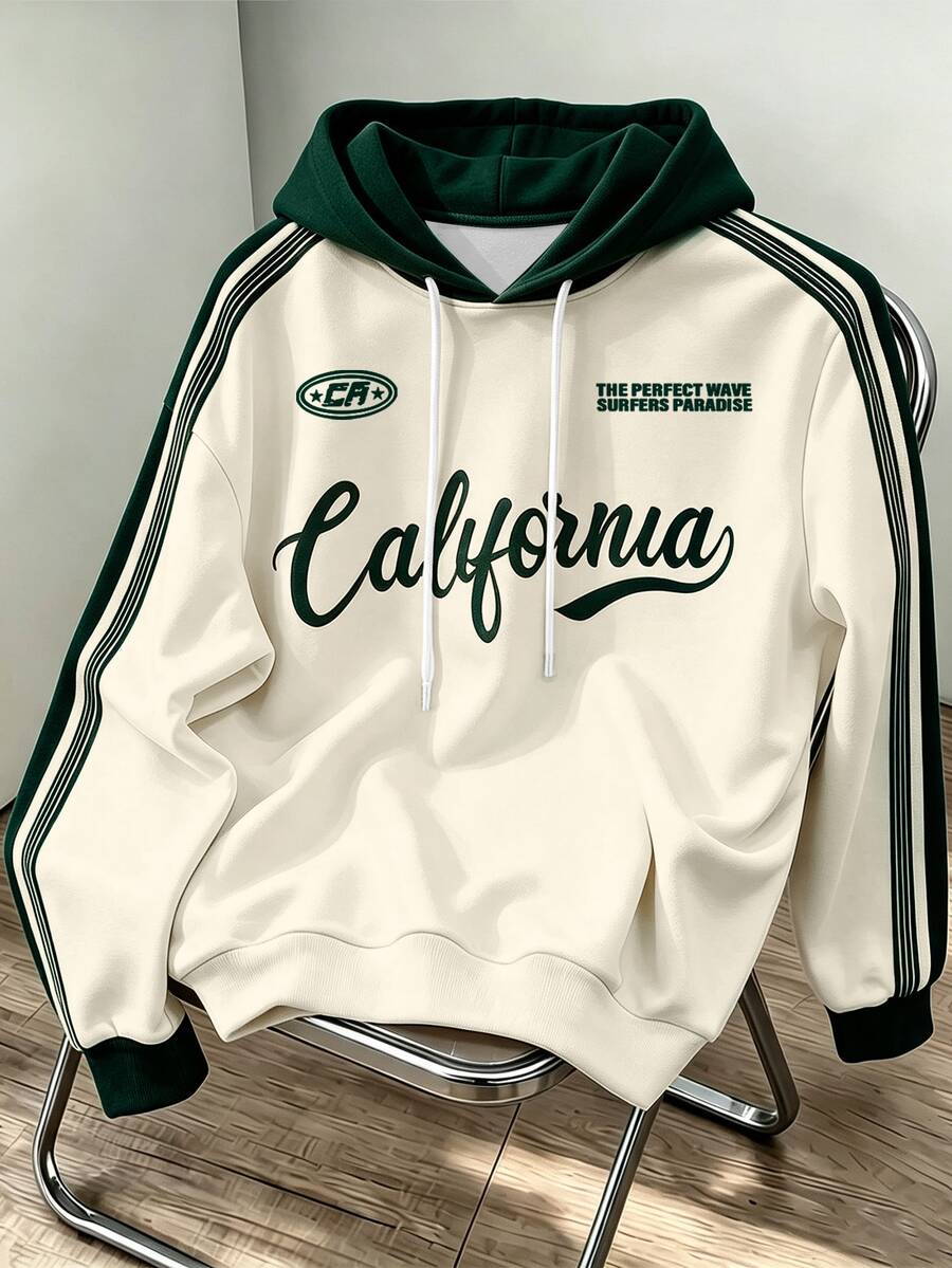 Daypath Men's American Vintage California Letter Print Summer Contrast Color Webbing Raglan Sleeve Loose Casual Sports Long Sleeve Double Layer Hooded Sweatshirt - Multicolor - View 1
