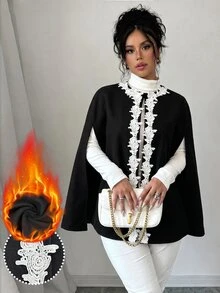 Modelyn شال كاب نسائي فضفاض بتأثير تنحيف من مزيج الصوف مع تطريز دانتيل، بياقة دائرية، ملابس خارجية للخريف/الشتاء - الأسود - مشاهدة 4