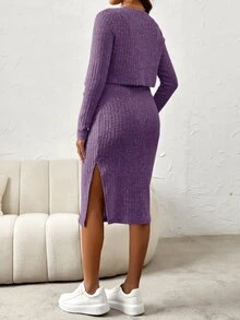 SHEIN 孕婦純色開衩設計細肩帶洋裝與長袖開襟衫休閒兩件套 - 紫色 - 查看 2