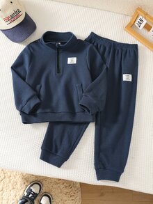 SHEIN 2件組 男童休閒舒適百搭立領半拉鍊套頭運動衫，織紋布料，搭配寬鬆版型長褲，適合秋冬穿著 - 藍色 - 查看 3