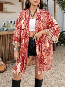 SHEIN LUNE 大尺碼女款花卉印花休閒日常開襟衫 - 紅色 - 查看 5