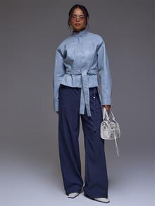 MUSERA Pinstripe Low Rise Stud Detail Belt Trousers Winter Autumn Everyday Casual Going Out Weekdaze - Grey - View 1