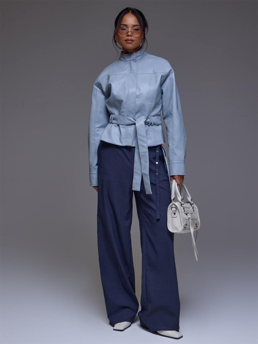 MUSERA Pinstripe Low Rise Stud Detail Belt Trousers Winter Autumn Everyday Casual Going Out Weekdaze - Grey - View 1