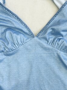 Rovax 女款深V領抓皺修身百搭休閒短袖T恤 - 藍色 - 查看 5