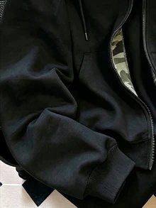Resyla 女款外套上衣，秋冬新款，雙層連帽拉鍊運動衫，黑色迷彩拼接，寬鬆慵懶休閒，街頭通勤夾克 - 黑色 - 查看 3