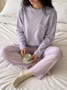 DAZY 女款寬鬆休閒短袖兩件式居家服套裝 - 紫色 - 查看 1