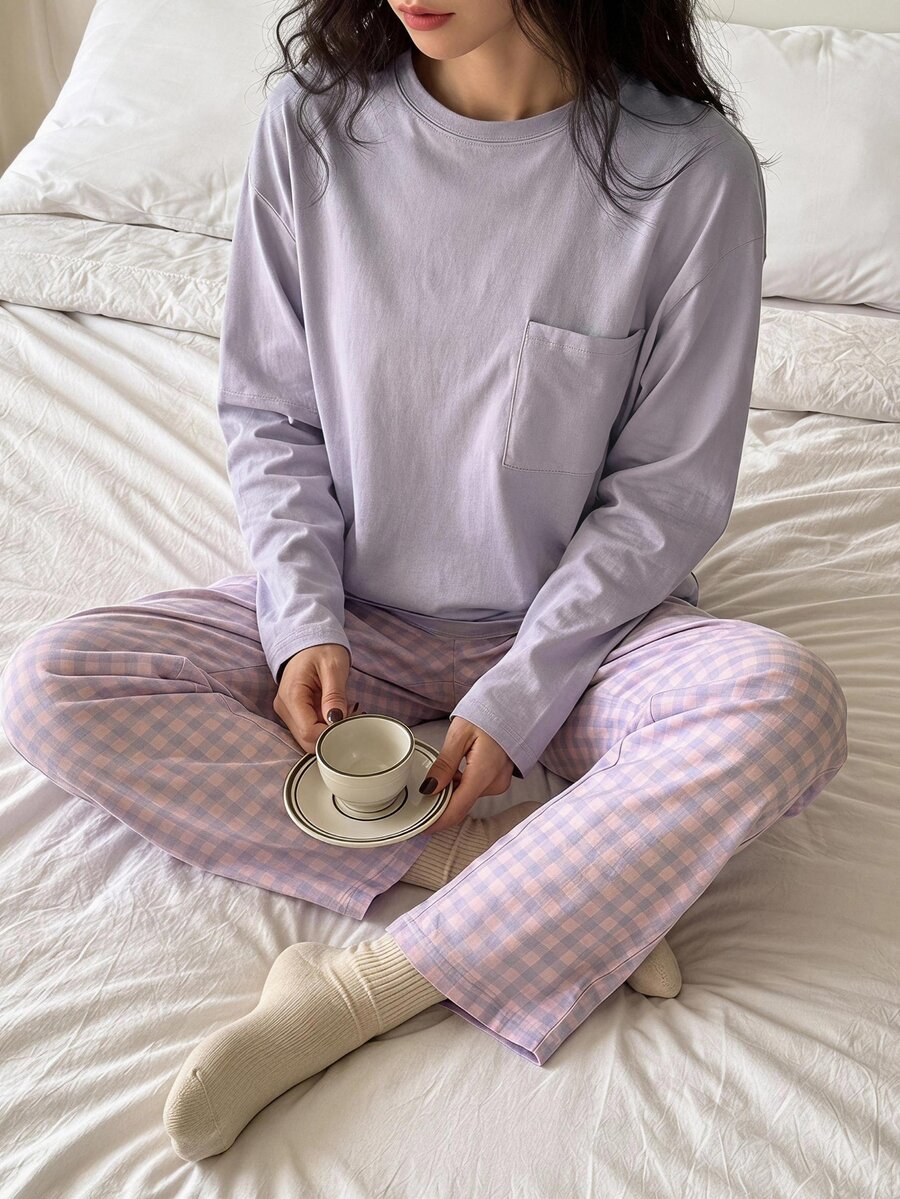 DAZY 女款寬鬆休閒短袖兩件式居家服套裝 - 紫色 - 查看 1