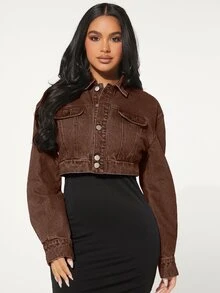 SHEIN SXY 女款時尚單排扣長袖短版牛仔夾克 - 摩卡棕 - 查看 6