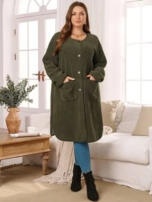 EMERY ROSE Plus Size Women Autumn/Winter Casual Vacation Fuzzy Army Green Solid Color Jacket With Pockets, Fall - Army Green - View 5