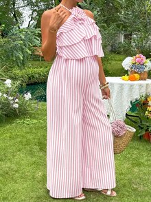 SHEIN Maternity Striped Floral Decor One-Piece Long Pants - Pink - View 7