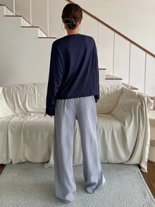 DAZY Autumn/Winter Star Pattern Loose Top And Plaid Pajama Pants Set For Women - Navy Blue - View 2