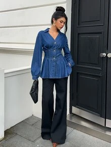 Siren Gaze Women's Autumn Fashion Waist-Cinching Denim Top, Fall Winter Casual Elegant V-Neck Blouse, Office, Commuter, Vacation, Formal Wear, Sexy Top, Cute. - Blue - View 7