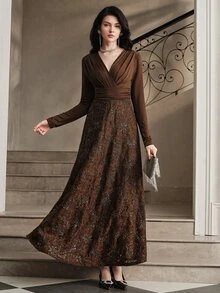Anewsta Women's Elegant V-Neck Sequin Lace Maxi Dress - Brown - View 4