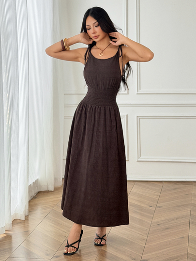 SHEIN PETITE Rochie maxi A-line supradimensionată, maro, pentru femei mici – casual, elegantă și potrivită pentru serviciu