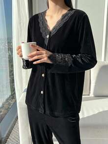 DAZY 女款對比色蕾絲長袖單排扣上衣與長褲居家服套裝 - 黑色 - 查看 6