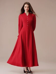 BELROSIE Women's Solid Color Pleated Casual Elegant Party Formal Dress Wedding Red Autumn - Burgundy - View 3